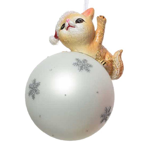 Χριστουγεννιάτικη Γυάλινη Μπάλα Λευκή, με Κεραμικό Γατάκι